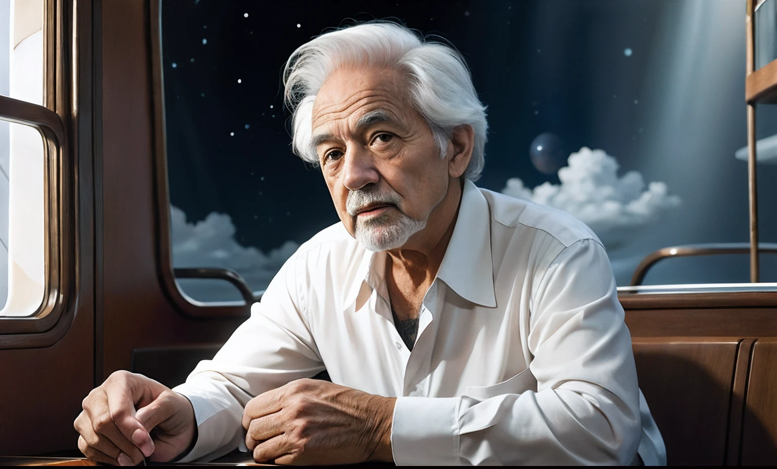 A 65 year old man, noah, short hair inside boat realistic image