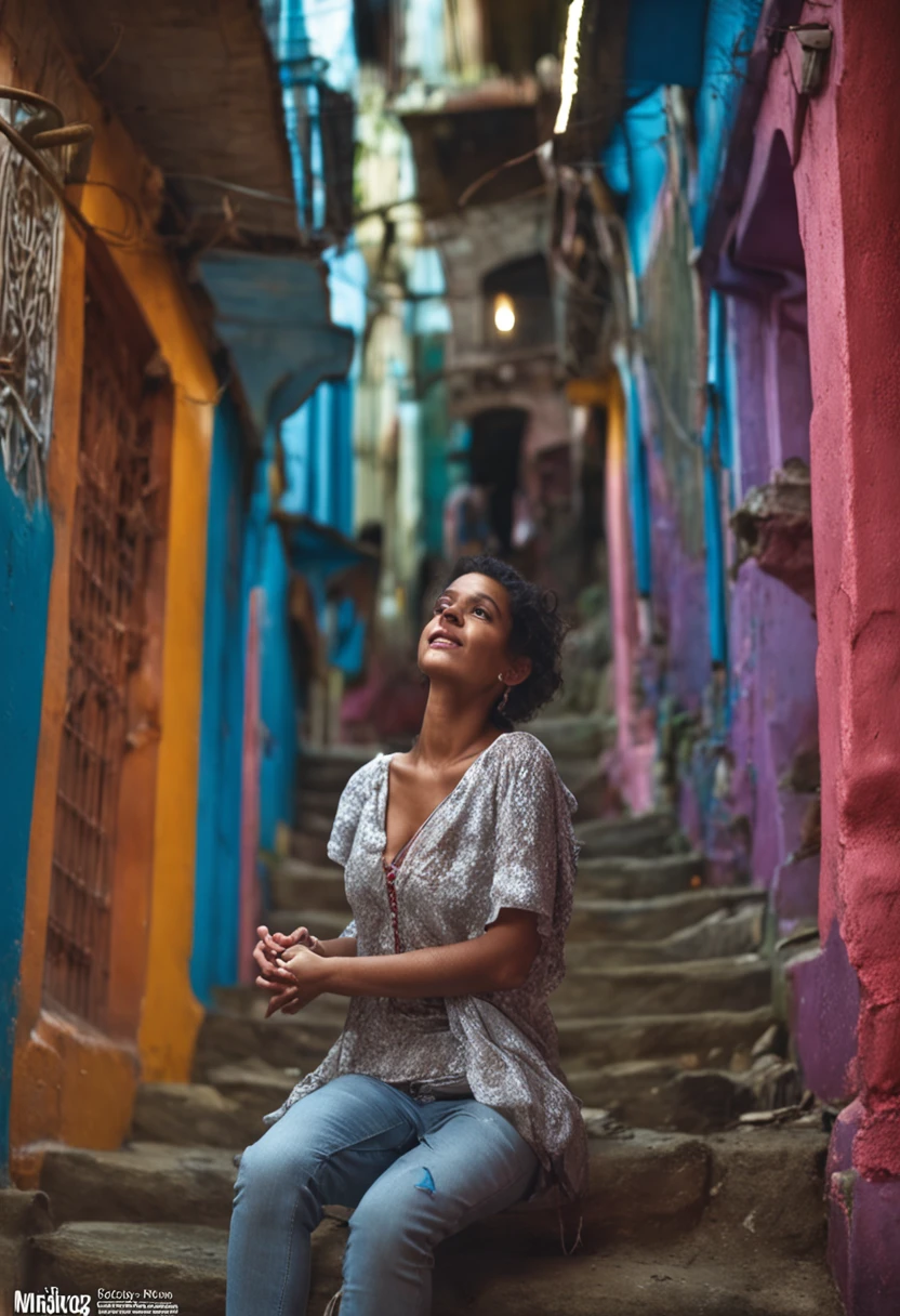 A woman sitting on a set of stairs in a narrow alleyway - SeaArt AI