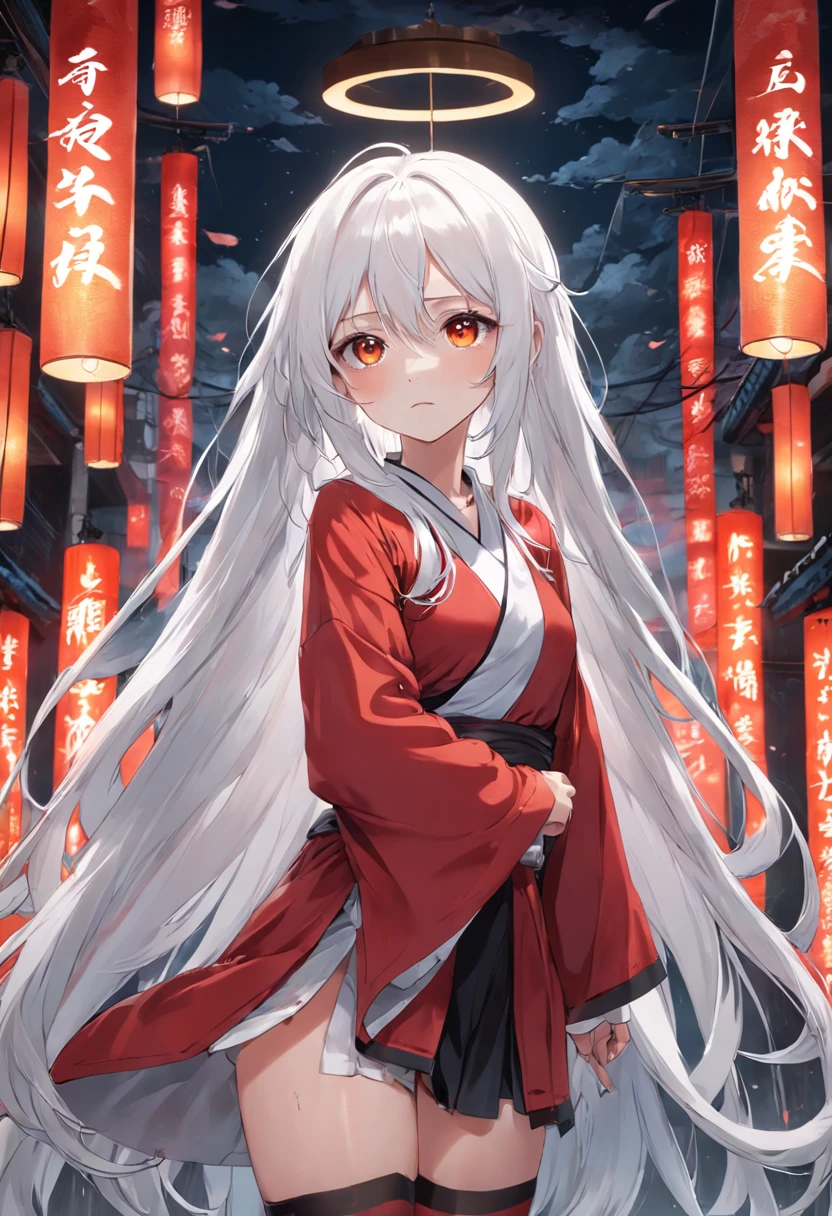 long  white hair，Yellow pupil，Red clothes，black lence stockings，China-style，The expression is soft，Older sister，Clouds