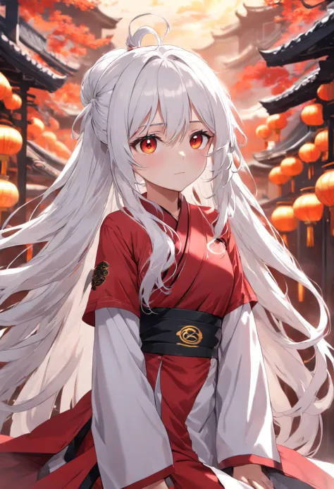 long  white hair，Yellow pupil，Red clothes，black lence stockings，China-style，The expression is soft，Older sister，Clouds