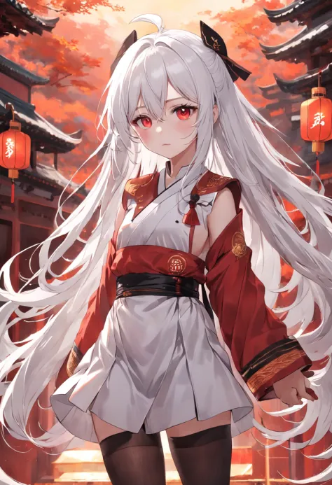 long  white hair，Yellow pupil，Red clothes，black lence stockings，China-style，The expression is soft，Older sister，Clouds