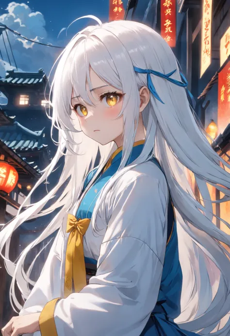 long  white hair，Yellow pupil，Blue clothes，white stockings，China-style，divino，The expression is soft，Mature sister，Clouds