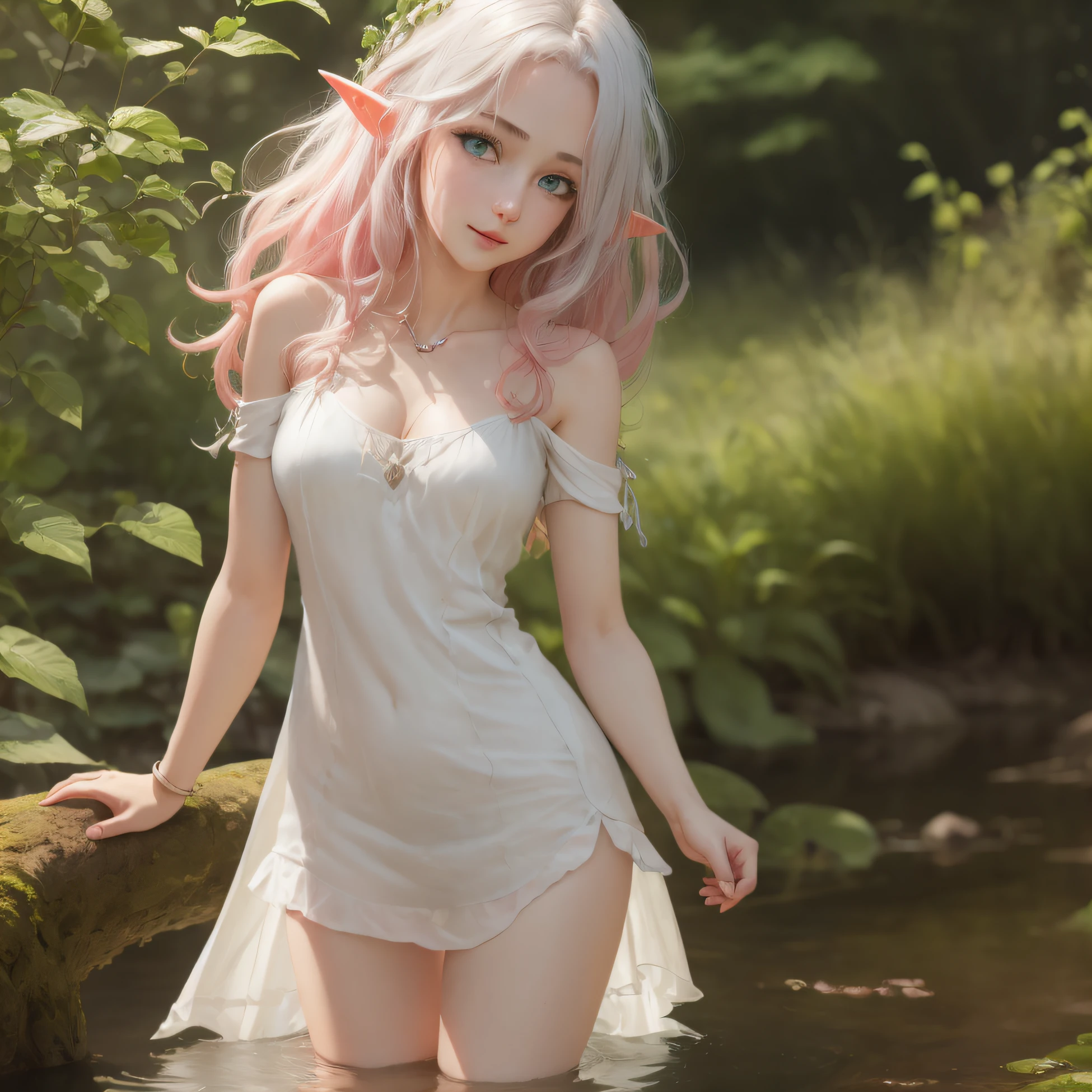 The elf stands and looks at the camera, Girl standing in nature, blue eyes and pink short hair, white transparent sundress, skinny waist, Slender figure, Appearance of the model, confusion, sexuality, pixie, elf ears, Beautiful ears, little chest, You can see the, (Clothes shine through), (visible through clothes), Elf Girl, Sweet girl, attractive anime girl, beautiful anime girl, Cute beautiful anime woman, detailed digital anime art, beautiful anime girl, beautiful anime girl, Anime with small details, Best Quality, Masterpiece, Ultra-detailed, Beautiful, hight resolution, Original,CG 8K ультрареалистичный, perfect artwork, beatiful face, Face Clean, Skin, hyper realistic, Ultra Detailed, A detailed eye, dramatic  lighting, (Realistic) Realistic, Full HD, Best Quality, Best Quality, Beautiful lighting, (8k wallpaper of extremely detailed CG unit), High Details, sharp-focus, The art of dramatic and photorealistic painting, beautiful smile, You can see the chest, naked breasts, naked ass, voluminous breasts, folds on the chest, close-fitting clothes, sexy body, voluminous clothing, Elegant hands,