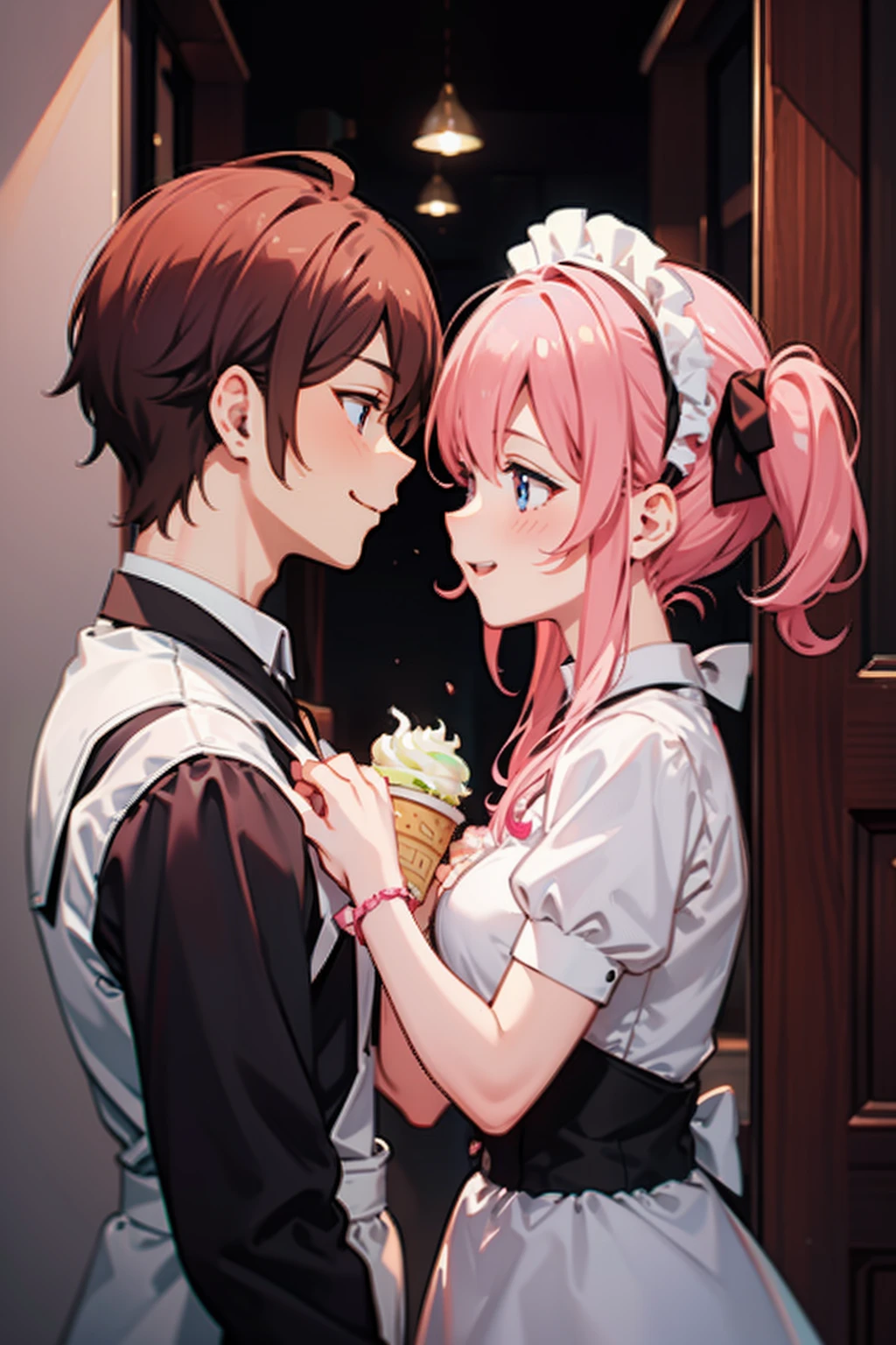 35mm, f/2.8, anime couple , GIRL WITH PINK HAIR IN A MAID COSTUME IN THE HANDS OF ICE CREAM , BOY WITH DARK HAIR LAUGHING, positive , High quality hands , cuteface, hiquality
