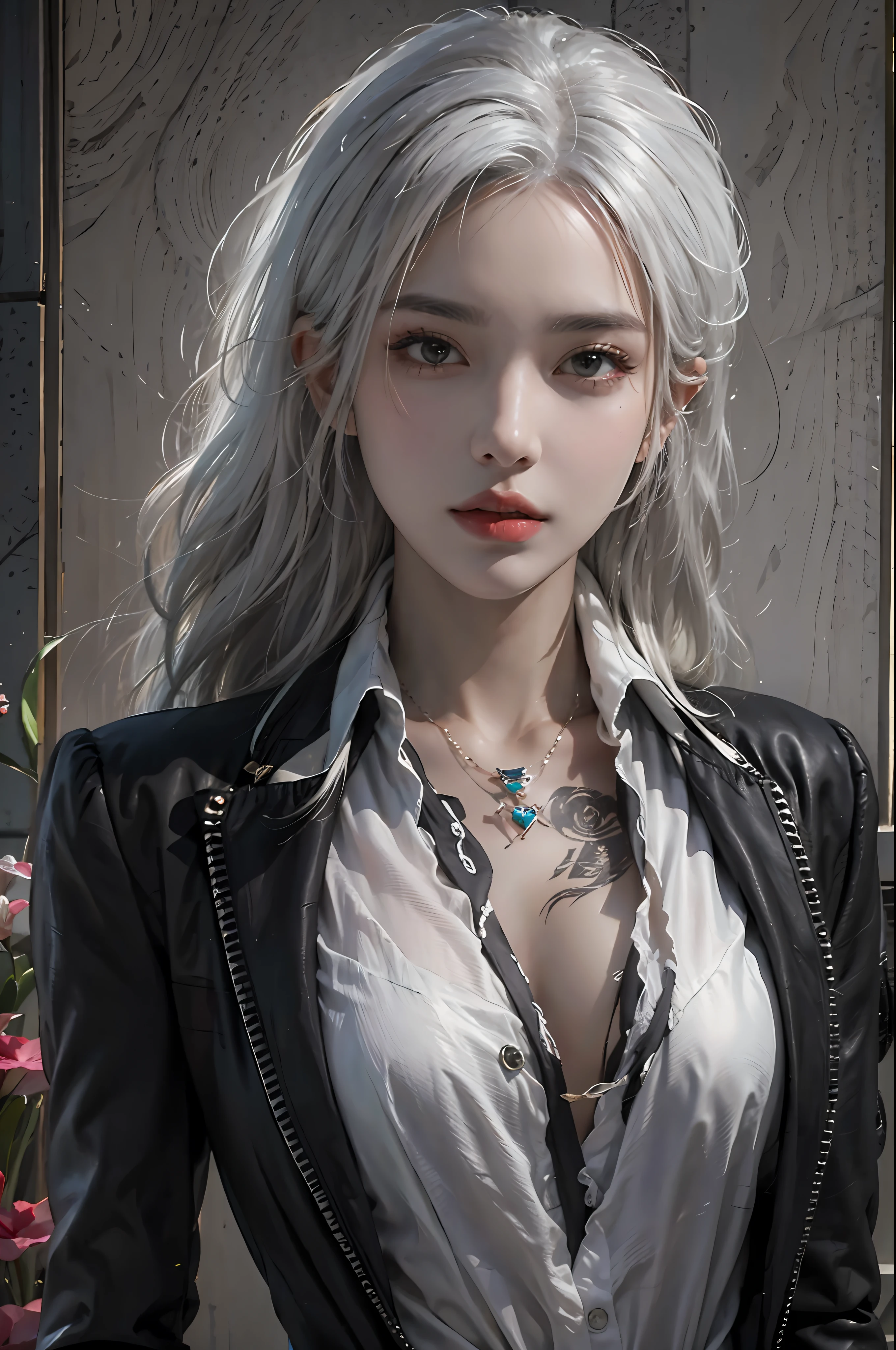 photorealistic, high resolution, 1women, solo, hips up, look at viewer, (detailed face), white hair, long hair, black suit, mafia, tattoo, jewelry