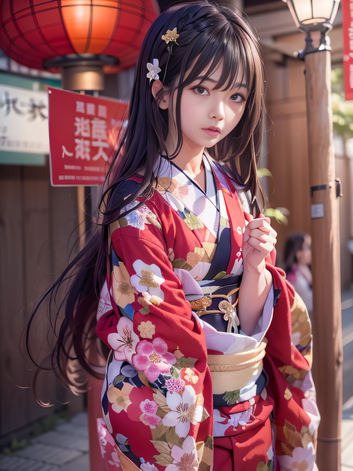 Super beautiful photo，realisticlying,FULL ANATOMY,masutepiece, Anatomically correct, Textured skin, Super Detail, high details, High quality, awardwinning, Best Quality, hight resolution, Alafi in kimono sitting on a bench at the 8K Japan Festival,Snapshots, ultimate beauty girl，extremely detailed eye and face，Holding a small Japan in his right hand,Red amaryllis hairpin dense on the head,traditional japanese, in a kimono, Red kimono, japanese kimono, Red kimono with cherry blossom pattern, Wearing kimono, A Japanese style, Very Beautiful Japan Woman, Wearing a kimono, classy yukata clothing, bath robe,Street,Under the streetlight,Streetlight, Black Long Hair，Princess Hair,Shiny hair, in a kimono, Komono, Japanese Models, goddess of Japan,wearing royal kimono, ,Thin leg,skinny thigh,goddess of Japan,Small breasts glasses,A look tinged with joy,Wearing women's clogs,Very cute girl，Cool color makeup,Cool light effects，