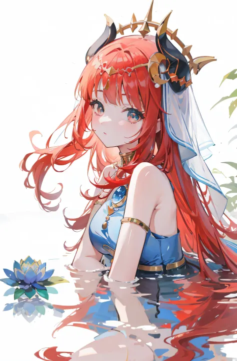 anime girl with red hair and a crown sitting in water, anime goddess, zerochan art, red haired goddess, genshin, trending on art...