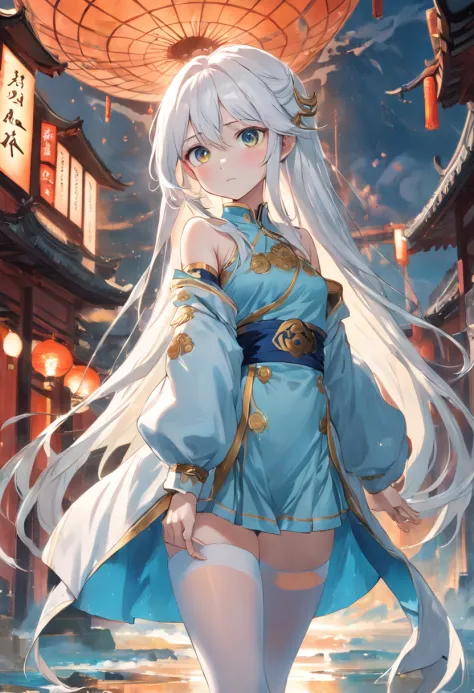 Golden eyes，Long white hair and white stockings，Cyan and blue clothes，Shoulders bare， China-style，Tall and tall，，Indifferent expression，Sea of clouds