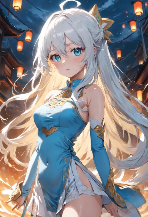 Golden eyes，Long white hair and white stockings，Cyan and blue clothes，Shoulders bare， China-style，Tall and tall，，Indifferent expression，Sea of clouds