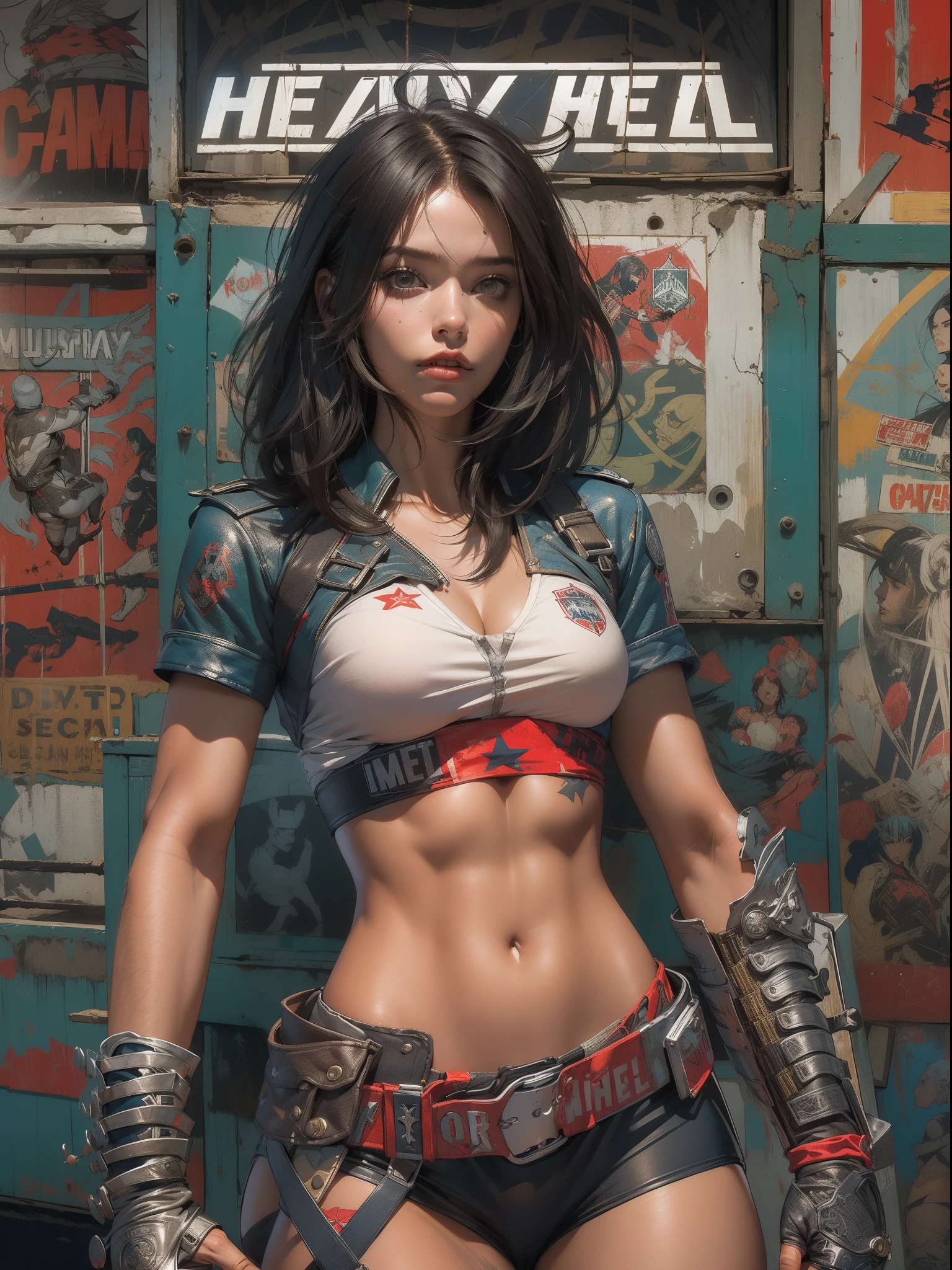 (((여성))), (((더 나은 품질))), (((원시 작업))), (((성인))), (((여자 1명))), ((( 밥 이발 ))), Uma gladiadora cyberpunk 여성 de 25 anos com corpo perfeito, 금속 등뼈가 있는 어깨 패드, 브루클린 글래디에이터즈, (( 밥 이발 )), 작은 가죽 팬티, 찢어진 럭비 타임 티셔츠, 헤비메탈 매거진의 표지를 장식한 사이먼 비슬리(Simon Bisley)의 거친 도시 스타일로 거의 알몸으로 등장, 짧은 금발 머리, 최소 의류, 복잡한 그래픽을 갖춘 왼팔의 금속 보호 장치, 흰색 별이 있는 진한 빨간색과 흰색 및 남색 체커보드 패턴, 갑옷, 스파이크와 리벳이 가득한, (((무릎부터))), 짧은 흰색 금발 머리, 배경에는 셰퍼드 페어리가 복잡한 디자인으로 그린 벽이 있습니다.