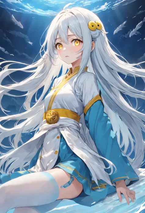 Yellow pupil，Lazy expression，Long white hair and white stockings，Cyan and blue clothes，Shoulders bare， China-style，Sea of clouds