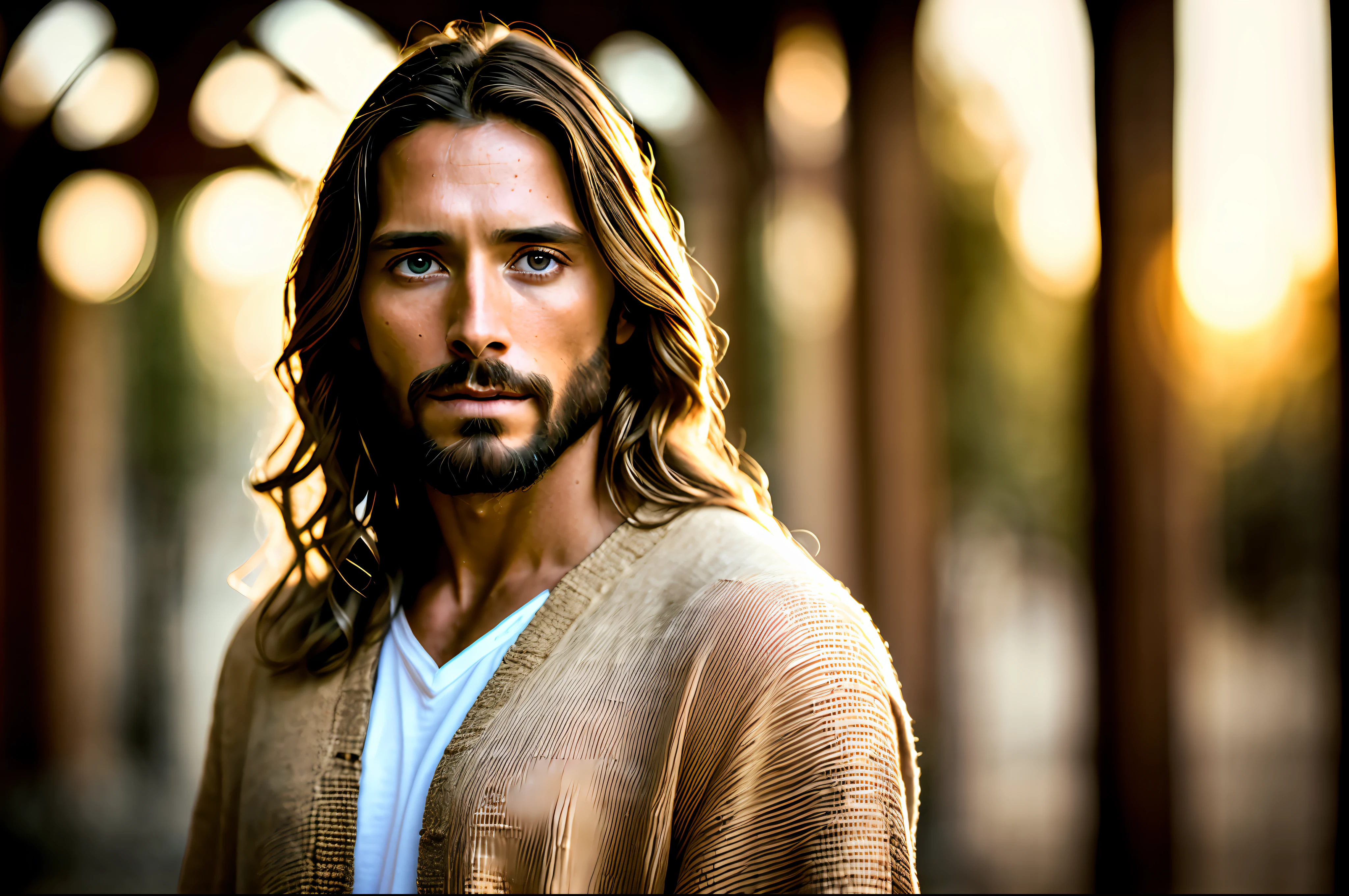 portrait of modern day Jesus, cinematic lighting, depth of field, bokeh, realism, photorealistic, hyperrealism, professional photography, uhd, dslr, hdr