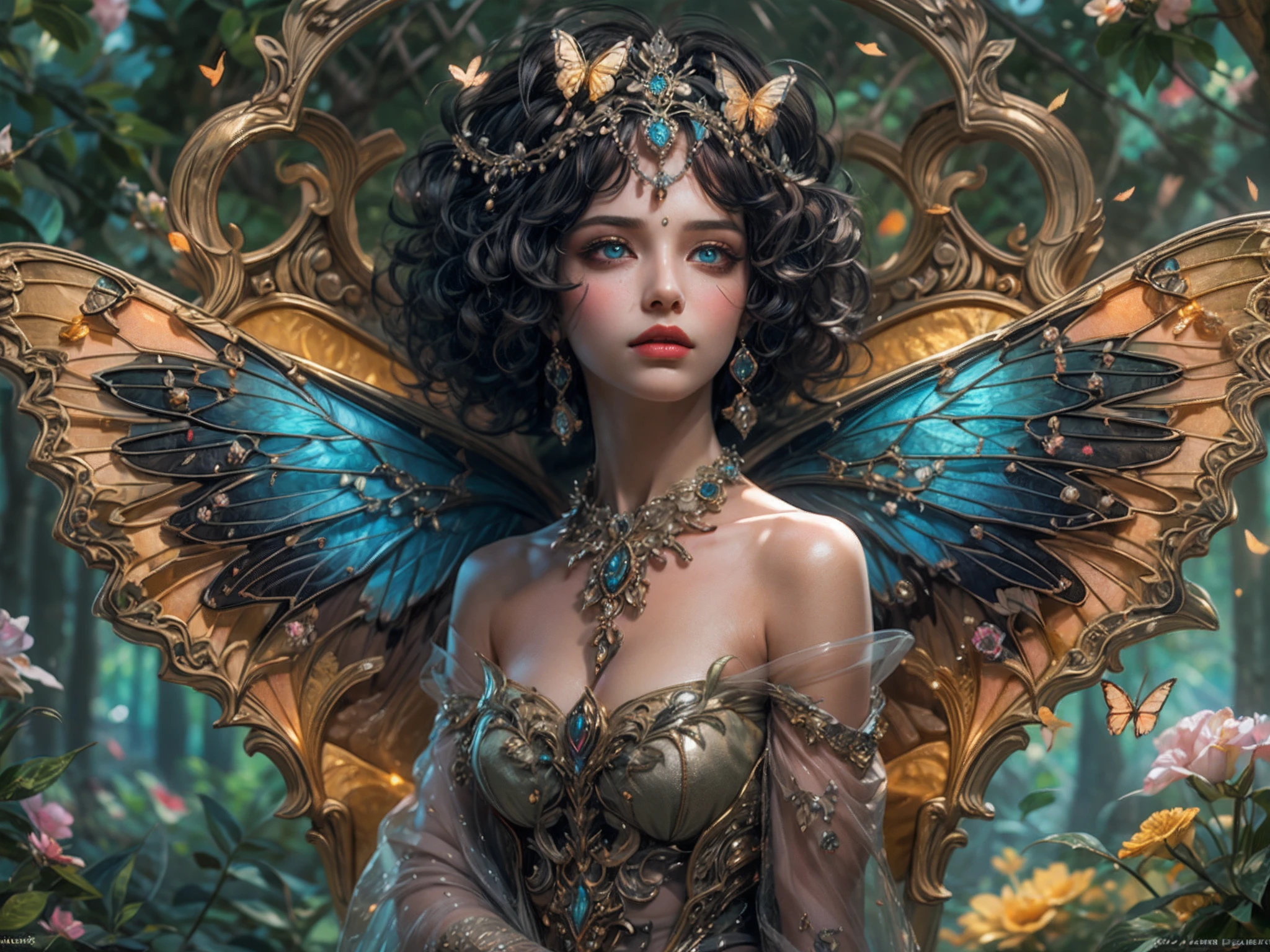 This is a realistic fantasy masterpiece with lots of shimmer, glitter, and intricate ornate detail. Generate one  woman with a beautiful and delicate crown sitting on a garden swing at night. She is a beautiful and seductive butterfly queen with stunning curly black hair, (((incredibly realistic and detailed dynamic eyes in bright colors with realistic shading))).  Her skin is translucent white, her eyes sparkle, and her dress is elegant. Her dress is spun of the finest gossamer silk with delicate, intricate, and subtle floral detailing and gold silk butterfly sleeves. Her face is lovely and . Include glow-in-the-dark flowers, lots of particles, highly realistic fantasy butteflies with translucent jewel-toned wings and fine detailing, and glow. The artwork is done in the style of Guviz and brings to mind masters in the genre such as trending fantasy works on Artstation and Midjourney. Camera: Utilize dynamic composition techniques to emphasize etherealness and delicate detail.