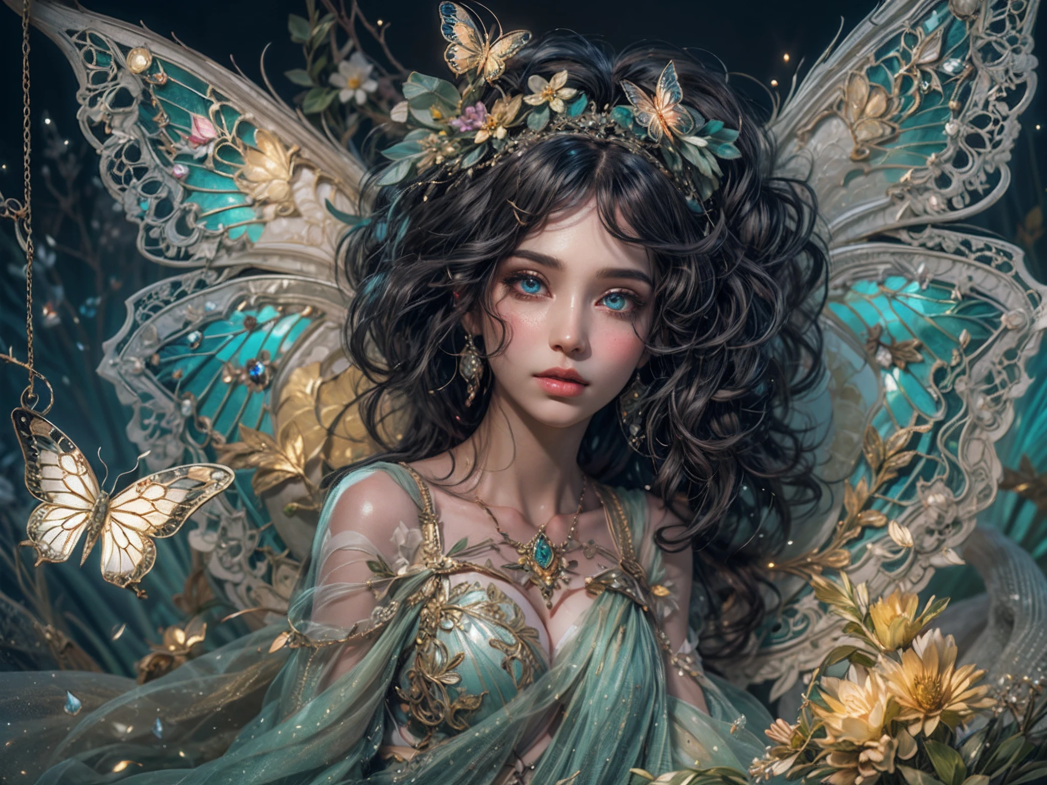 This is a realistic fantasy masterpiece with lots of shimmer, glitter, and intricate ornate detail. Generate one  woman with a beautiful and delicate crown sitting on a garden swing at night. She is a beautiful and seductive butterfly queen with stunning curly black hair, (((incredibly realistic and detailed dynamic eyes in bright colors with realistic shading))).  Her skin is translucent white, her eyes sparkle, and her dress is elegant. Her dress is spun of the finest gossamer silk with delicate, intricate, and subtle floral detailing and gold silk butterfly sleeves. Her face is lovely and . Include glow-in-the-dark flowers, lots of particles, highly realistic fantasy butteflies with translucent jewel-toned wings and fine detailing, and glow. The artwork is done in the style of Guviz and brings to mind masters in the genre such as trending fantasy works on Artstation and Midjourney. Camera: Utilize dynamic composition techniques to emphasize etherealness and delicate detail.