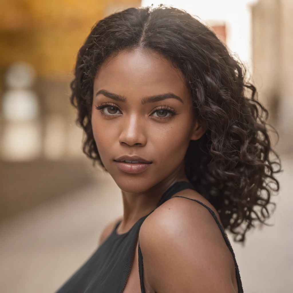 A stunning portrait of a black woman with honey eyes, soft skin, clothing stylish, illuminated by a hyperrealistic raw Nikon Z3 and helios 44 2 f2 58 mm swirly bokeh, film, fujifilm, with an anamorphic milky bokeh radiating from her full body.