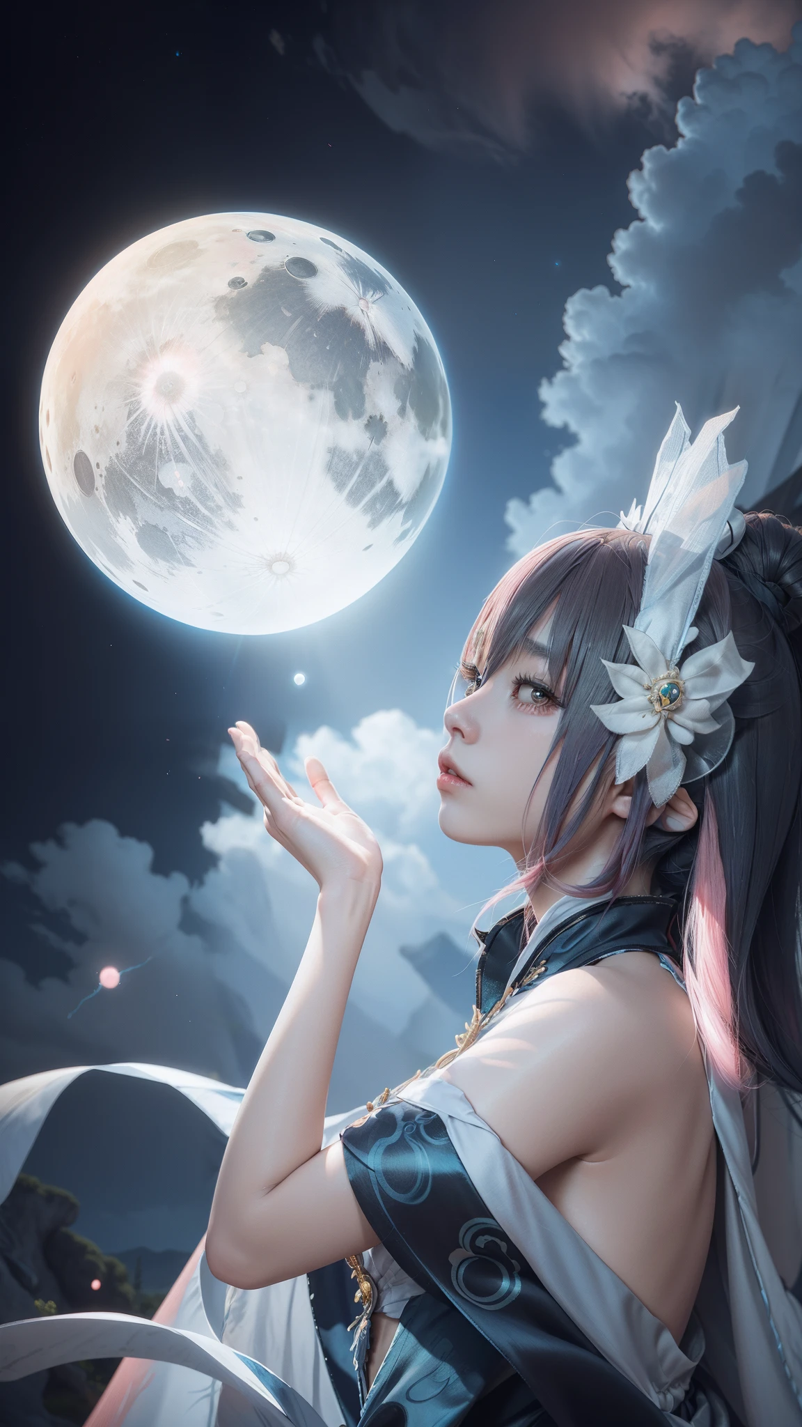 （One-person viewpoint, in a panoramic view，magic realism，surrealism，Chiaroscuro, Anime Illustration：1.5，，masutepiece, hyper HD, Super Detail, high details, Best Quality, hight resolution, hight resolution, awardwinning, awardwinning, Anatomically correct, 8K），（Delicate anime girl：1.5，Pink hair，Staring at the human moon：1.5，There are huge satellites suspended in space，Vivid nebula on background：1.5），（ Chic girls，anatomy correct，Cinematic lighting，Senior Color Matching，Dark background），（Side close-up of one delicate girl），（Anime girl with pink hair and red and white dress：1.2，palatial palace，Humph Girl，Staring at the upper left corner：1.5），（Guviz-style artwork，Guvitz，inspired by Leng Mei，Inspired by Lee Mei Shu，popular in CGSTATION，inspired by Ai Xuan，Red and white hanf，a beautiful fantasy empress：1.5），（A flowing dress，conservative girl，cloud goddess，Fabric with flowing blue and white pattern，wearing flowing dress，Realistic）