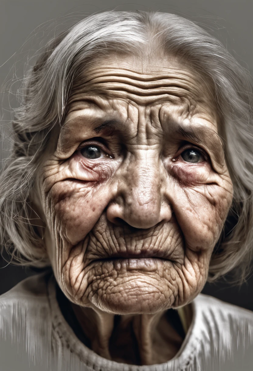 Depict an image of an elderly woman of old age, whose face reveals a ...