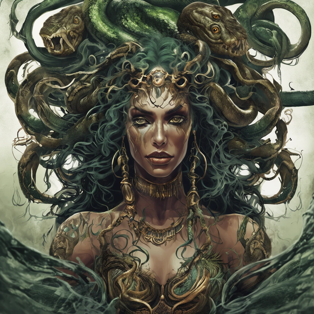 A woman with a large head of snakes in her hair - SeaArt AI