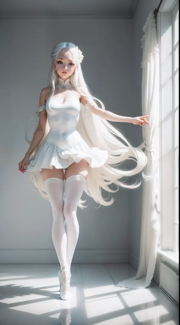 girl with long white hair in a fully white ballerina outfit in a blank white room, full body