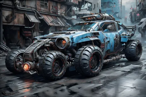 a 3/4 front view of ((futuristic cyberpunk hotrod zeekars)) (with glowing tires), at the parking lot,