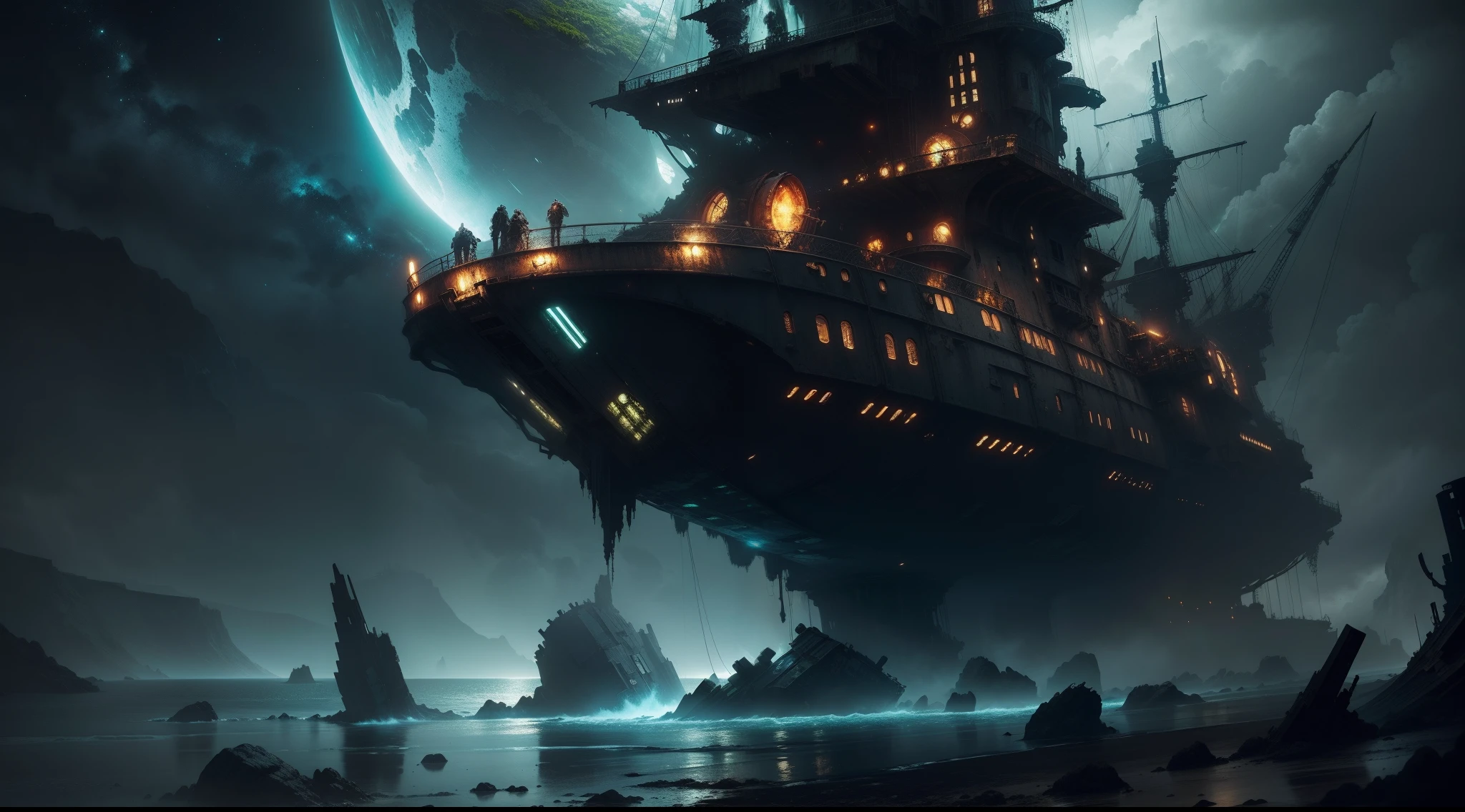 Huge spaceship damaged, covered with moss and rust, lies in the ocean , rocks , Black water, Dark colors, wreck, Lights are on on the spaceship, Dark tones , night  sky, the panorama, artstyle, steampunc,