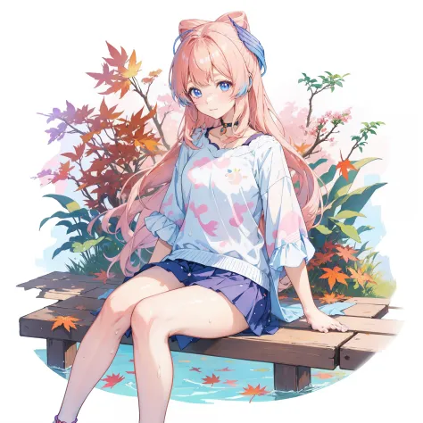 anime girl sitting on a wooden bench with a cat ear, kawacy, anime visual of a cute girl, cute anime girl, render of april, guwe...