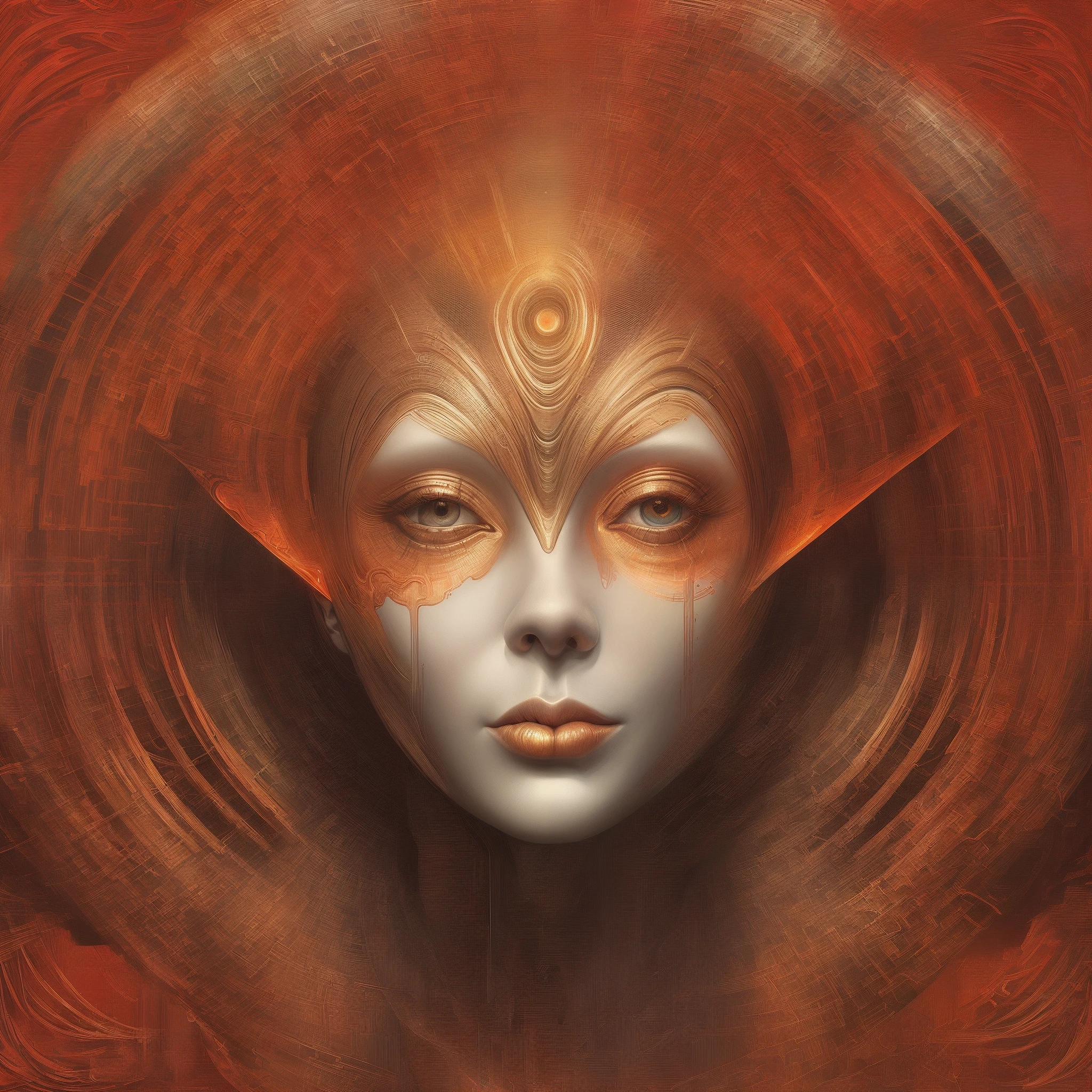 Es gibt ein digitales Gemälde einer Frau mit rotem Hintergrund, Digitale visionäre Kunst, Porträt einer weiblichen Humanoiden, Sci-Fi-Gesicht, Sci-Fi-Gesicht, Fraktales Gesicht, Attraktives Sci-Fi-Gesicht, 3-D-Porträt der Göttin, Symmetrisches Portrait SciFi, Futuristisches Porträt einer Frau, Porträt eines metallischen Gesichts, Inspiriert von Tomasz Alen Kopera