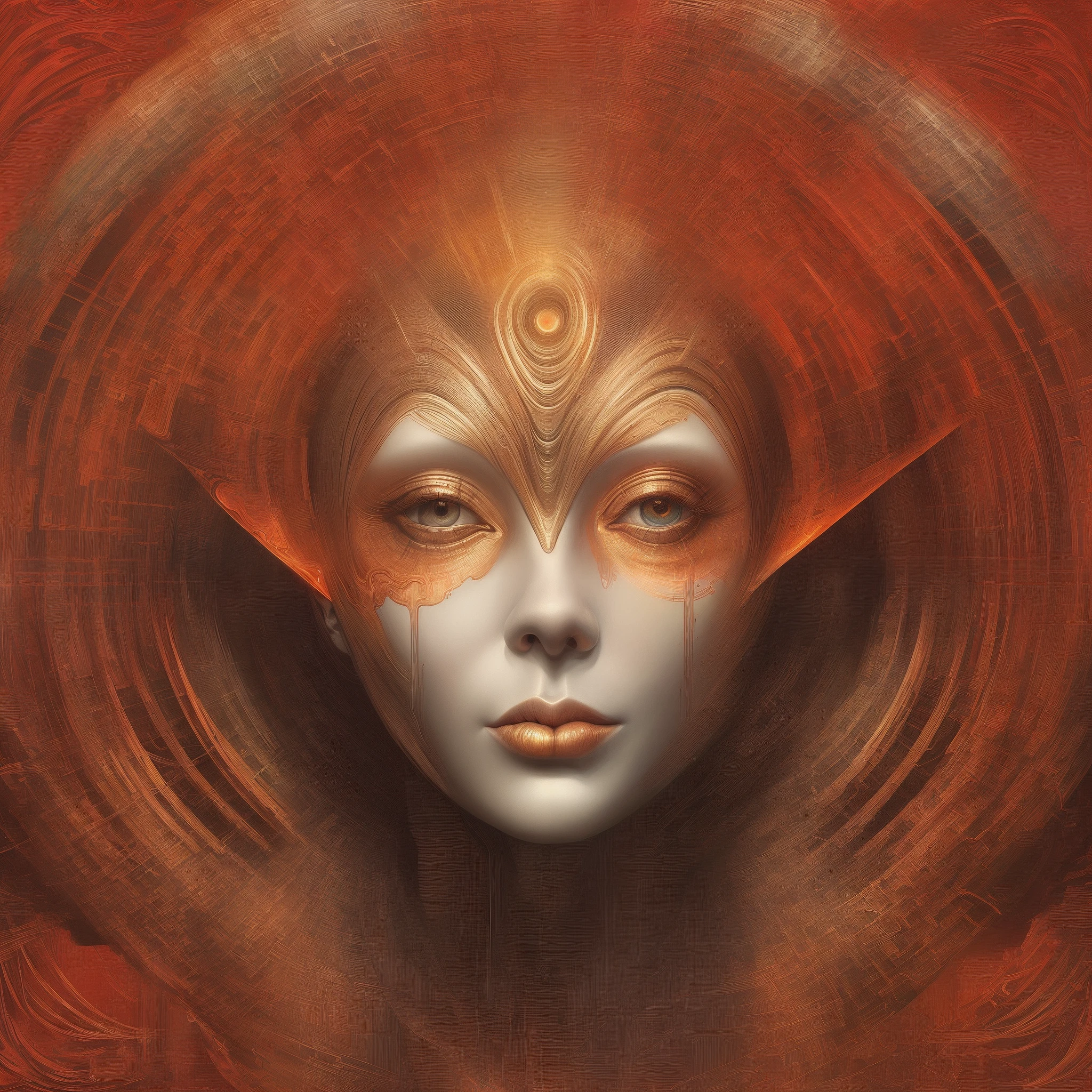 Il y a une peinture numérique d&#39;une femme avec un fond rouge, art visionnaire numérique, Portrait d’une humanoïde féminine, Visage de science-fiction, Visage de science-fiction, Visage fractal, Attraktives Visage de science-fiction, Portrait de déesse 3D, portrait symétrique scifi, Portrait futuriste d&#39;une femme, Portrait de visage métallique, Inspiré par Tomasz Alen Kopera