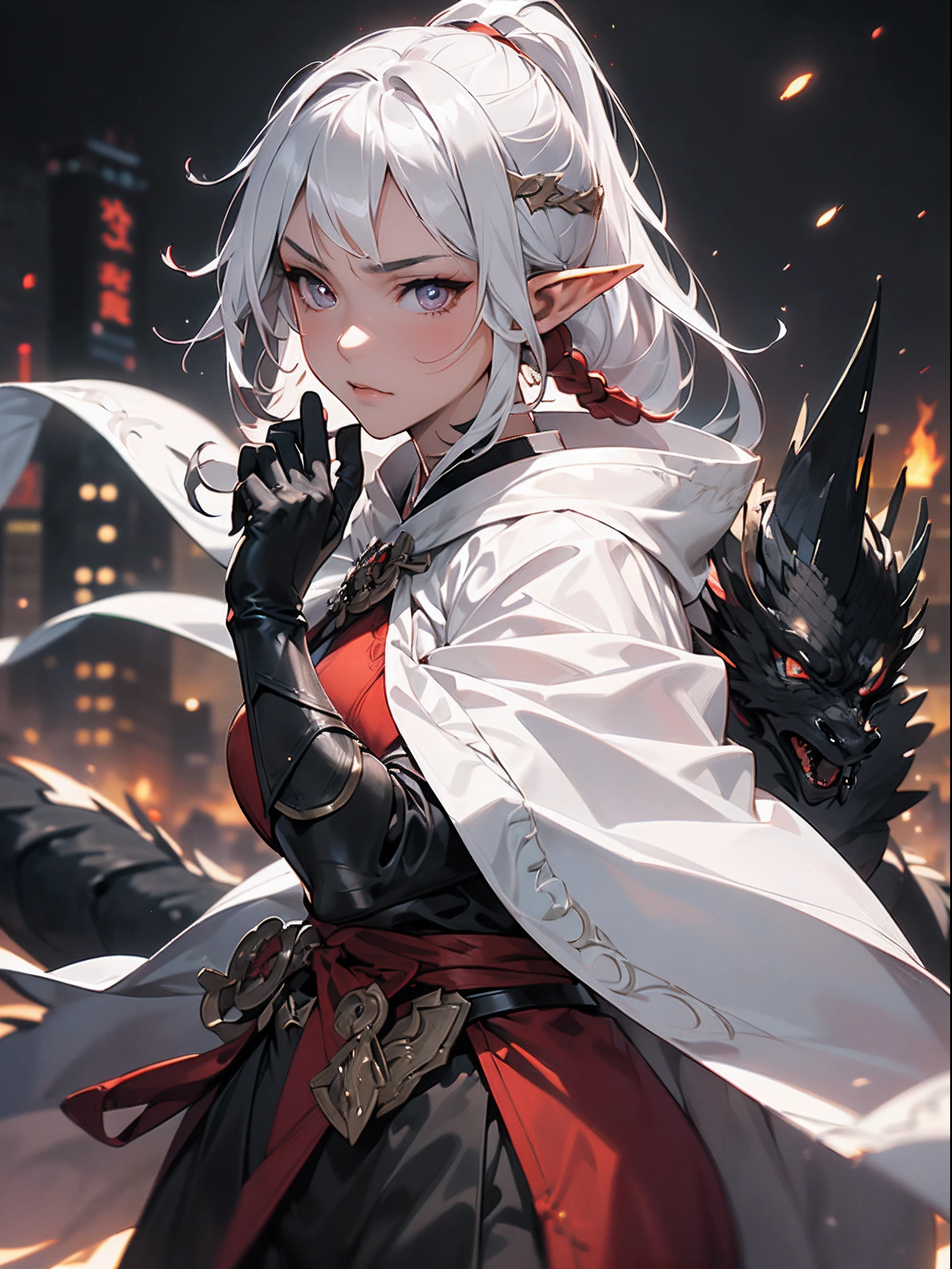 ((jpn)),((Best Quality)),((Beautifully painted)),((hight resolution)),1girl in,(((Beautiful Elven Daughter))),((onmyouji))),(((suikan))),((White cloak with red decoration)),Luminescent bushy silver-haired ponytail,Shining eyes,(((Black gauntlet and gloves))),nice hand, Perfect hands,((Quick step)),(((Fight a black dragon on the streets of a big city at a blazing night))),((Flying flames)),armor,(facefocus),(((Motion Blur))),(((Dynamic Angle))),((Cinematic lighting))