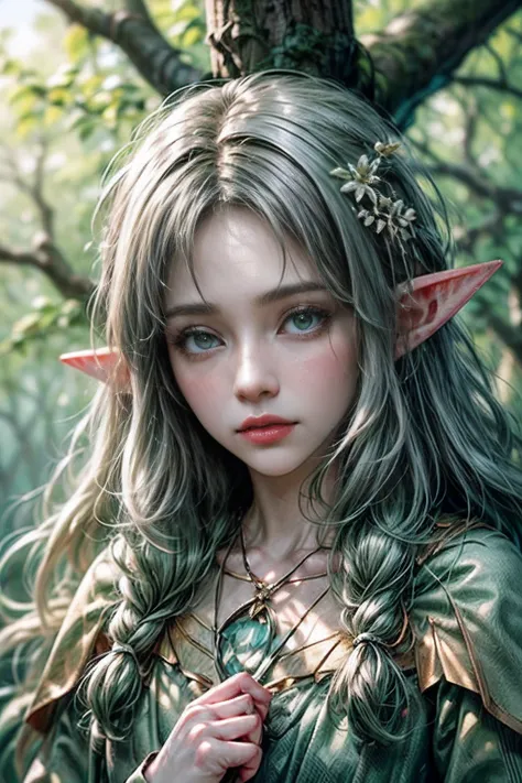 (((Wood Elf, plucking flowers in the forest ))) green hair, body ...