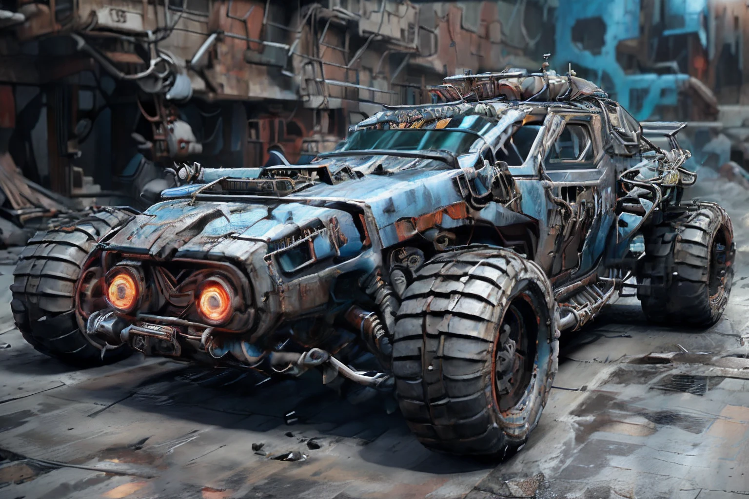 a 3/4 front view of ((futuristic cyberpunk hotrod zeekars)) (with ...