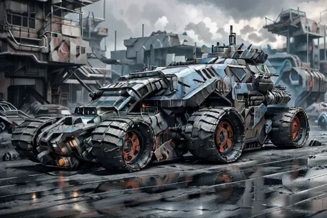a 3/4 front view of ((futuristic cyberpunk hotrod tank)) (with glowing tires), at the parking lot,