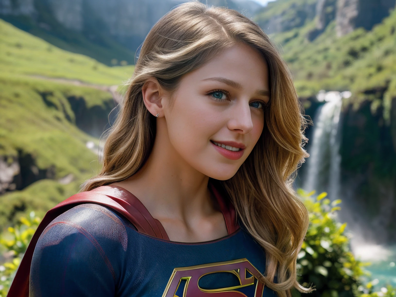 real, photoshoot, realistic, luminescent, atmospheric scene, masterpiece, best quality, (detail skin texture, ultra-detailed body:1.1), RAW photo, (high detailed skin:1.2), 8k uhd, dslr, film grain, Fujifilm XT3,
1girl, melissabenoist-smf, blonde hair, blue eyes, realistic, blurry background, superhero, blurry, long hair, lips, jewelry, upper body, collarbone, solo, red cape, (Melissa benoist as supergirl, blonde hair), (Nestled in a lush, untouched landscape, suoergirl in her supergirl costume stands before the waterfall which cascades with breathtaking beauty. Silver waters plunge from rocky heights, glistening in the sunlight. Lush greenery envelops the scene, a vivid contrast to the crystal-clear pool below. Mist rises like delicate veils, lending an ethereal quality. Nature's masterpiece, a symphony of water and life, captivates all who gaze upon its awe-inspiring grandeur), solo focus, depth of field, (smile:1.2), looking at viewer, sunlight rays, armor