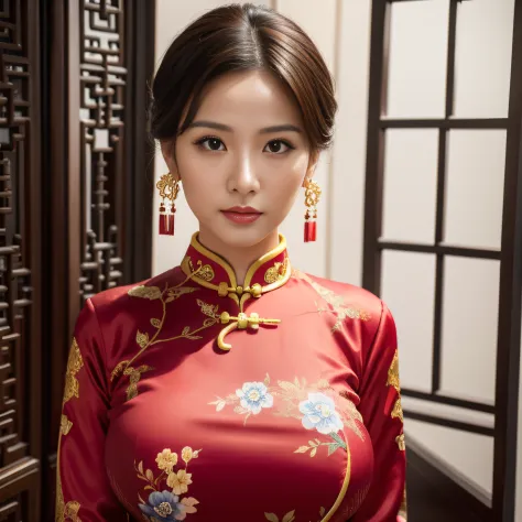 a Chinese woman wearing a cheongsam, (((masterpiece))), ((best quality)), ((intricate detailed)), ((Hyperrealistic)), absurd res...