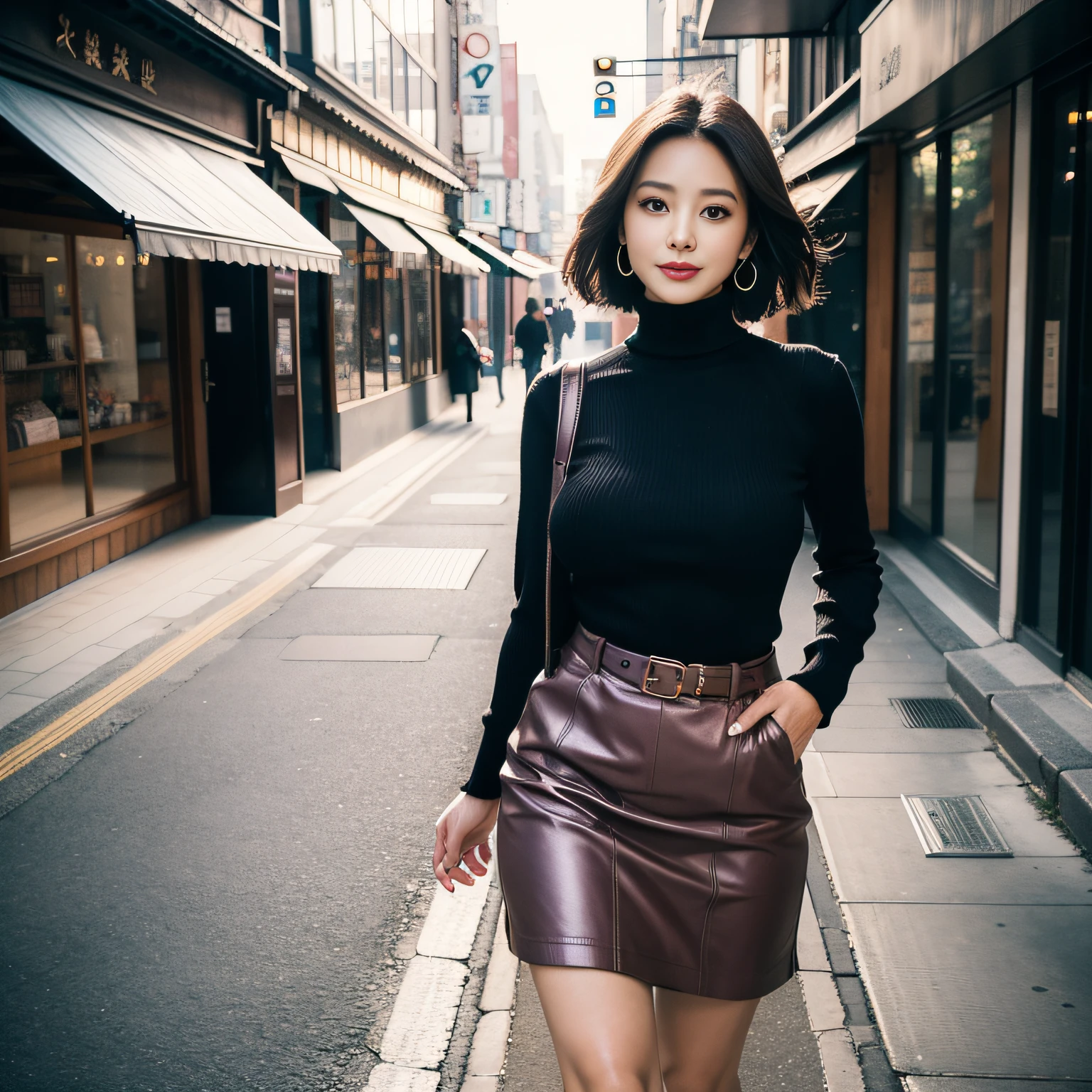 a japanese woman walking in the city, buildings, plants ,smile, mixed korean,blur background , focus, cinematic lighting, (((masterpiece))), ((best quality)), ((intricate detailed)), ((Hyperrealistic)), absurd res, milf, mature woman, perspective, highly detailed, illustration, 1girl, (big breasts), beautiful detailed eyes, short hair, dark hair, purple eyes, (casual outfit:1.2), jacket, turtle neck sweater, skirt, black choker, earrings, high heels, detailed background, perfect eyes, seductive eyes, looking at the viewer, from front