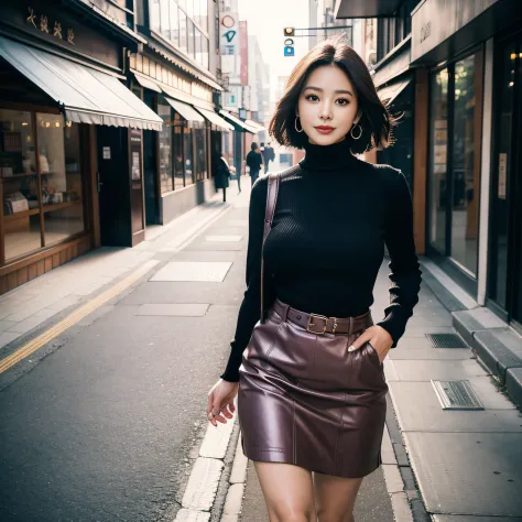 a japanese woman walking in the city, buildings, plants ,smile, mixed korean,blur background , focus, cinematic lighting, (((mas...
