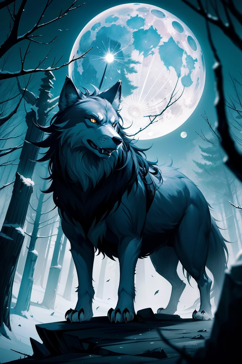 wolf, alone, stylish, fangs, (masterpiece), best quality, badass, animal, 1wolf,(moon), fog, particles, cool, angry, scary, night, snow, furr, red eyes, trees, landscape, rocks, artistic, 4k, wallpaper, gorgeous, animal, beast, no_humans, claws, horror,beast, contrast, angry, danger, from side,