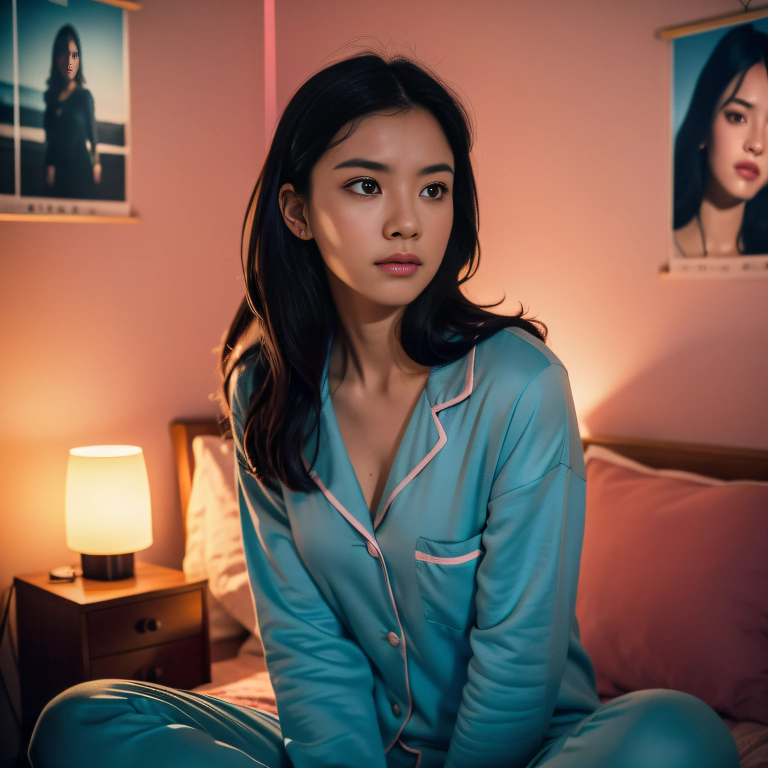 (High detail RAW Photo), a woman sits in corner of her bedroom, wearing pajamas, 1970s \(style\), ((posters on the wall and led strip lights)), (pink and blue ambient:1.3) ((close up:0.7)), (masterpiece, extremely detailed skin, photorealistic, heavy shadow, dramatic and cinematic lighting, key light, fill light), sharp focus, film grain, grainy, cinematic, imperfect skin, fabrics, textures, detailed face, detailed skin, warm colors