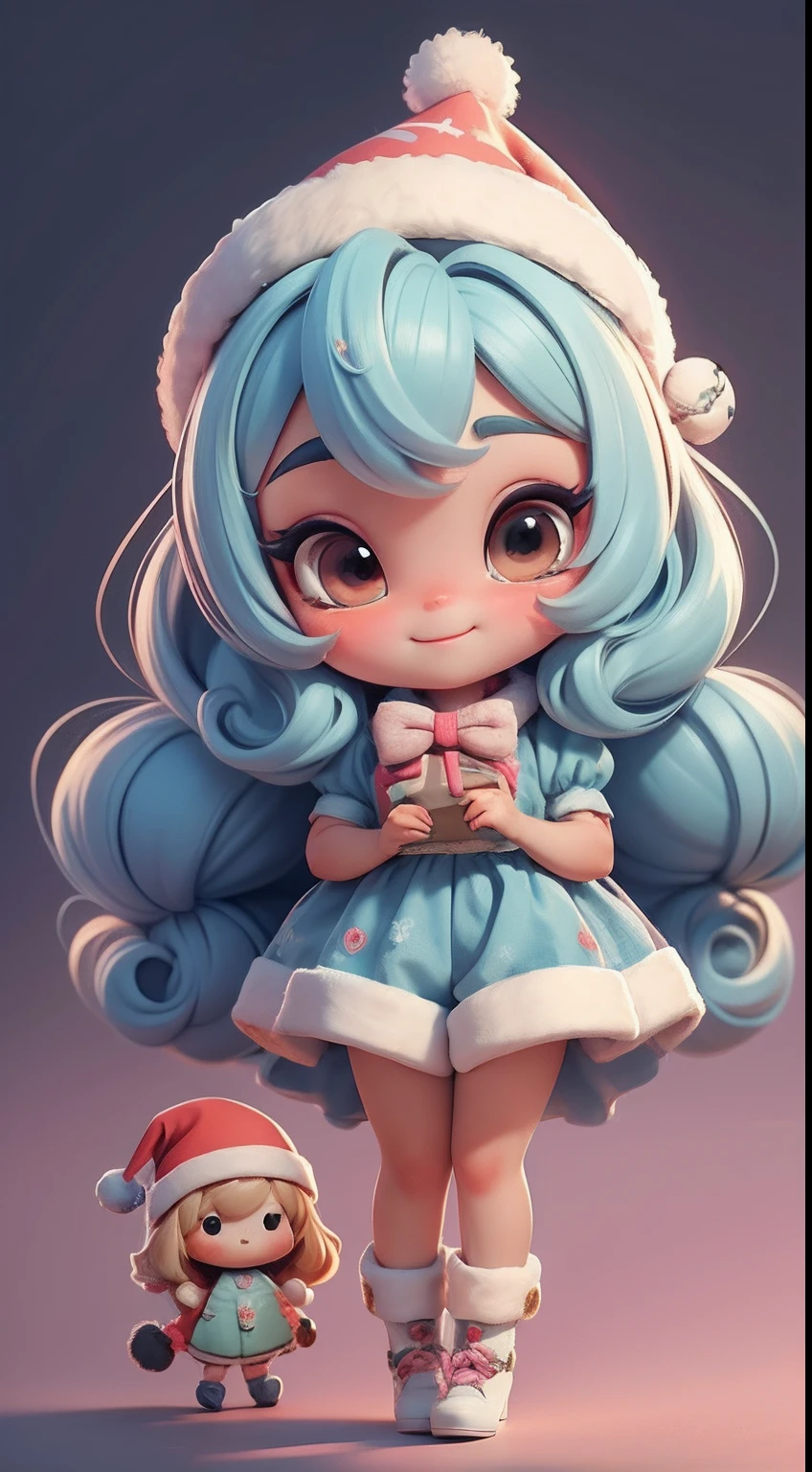 Create a series of  chibi style dolls with a cute Christmas theme, sorridente e fofo, each with lots of detail and in an 8K resolution. All dolls should follow the same solid background pattern and be complete in the image, mostrando o (corpo inteiro, incluindo as pernas: 1.5)

Boneco Natal: Chame-a de Beto. Ela deve ter cabelos em tons coloridos e natalinos. Seus olhos devem ser grandes e brilhantes, with long eyelashes and rosy cheeks. Must be dressed in a jumpsuit in Christmas tones. She should wear a hat and have Christmas accessories on hand, while in the other has nothing. Don't forget the details, com detalhes coloridos e enfeites encantadores, sapato bonito

Certifique-se de adicionar sombras, texturas e detalhes nos cabelos, roupas, Cute accessories of each doll, to make them even more adorable and charming.