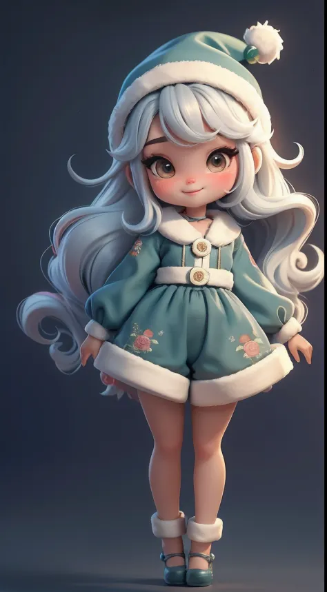 Create a series of loli chibi style dolls with a cute Christmas theme, sorridente e fofo, each with lots of detail and in an 8K resolution. All dolls should follow the same solid background pattern and be complete in the image, mostrando o (corpo inteiro, ...