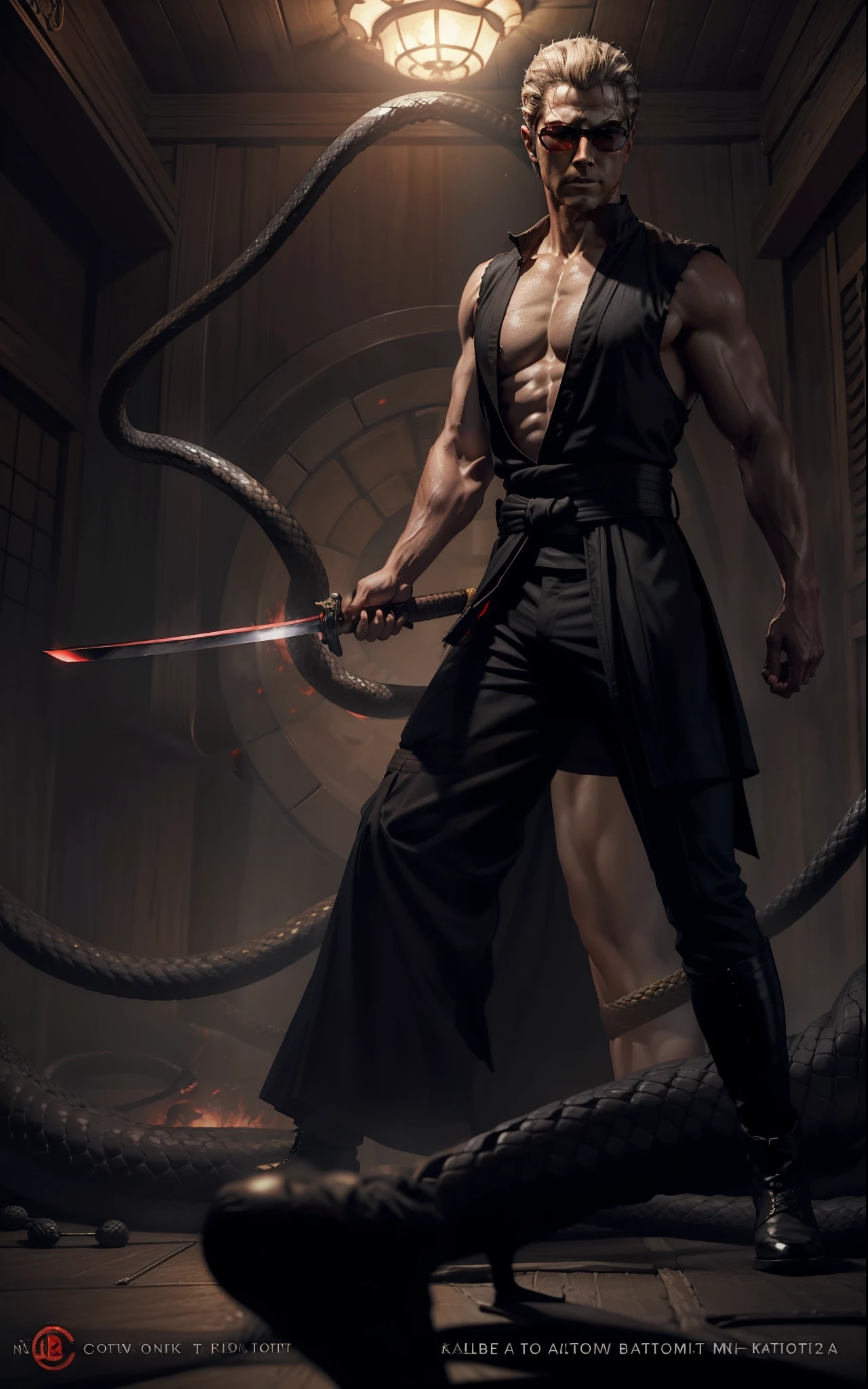 A man in a black outfit holding a sword and a snake - SeaArt AI