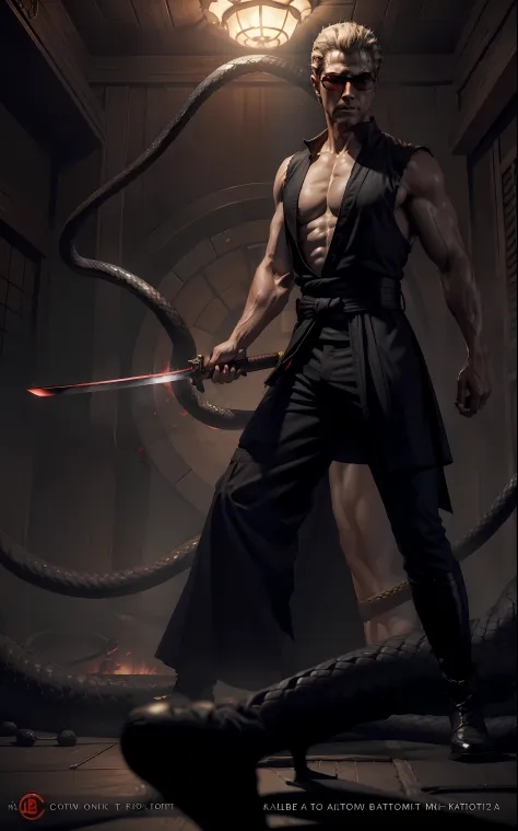 ((albert wesker)), shirtless:1.2, wearing elegant japanese hakama, black boots, wearing circular sunglasses, glowing red eyes, m...