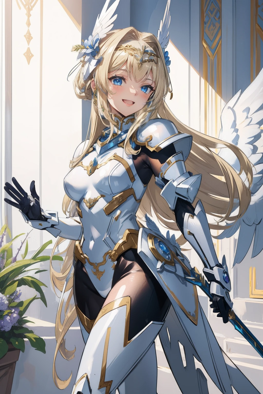 (​master piece, Best Quality),  Intricate details, valkyrie, kawaii, Happy, (((Laugh))), Villainous smile, Hand up, Looking at Viewer, Feather Headgear, Flower meadow, 
1 girl in, Solo, Portrait, Tentacle Plutinum Blonde Hair, drooping iceblue eyes, Silver Single Thigh, White Independent Single Sleeve, gloves, Single braid, 
 mecha musume, White bodysuit, Silver Reinforced Suit, Mini Feather Wings, silver pantyhose, full armor, flower decoration, equip sword,