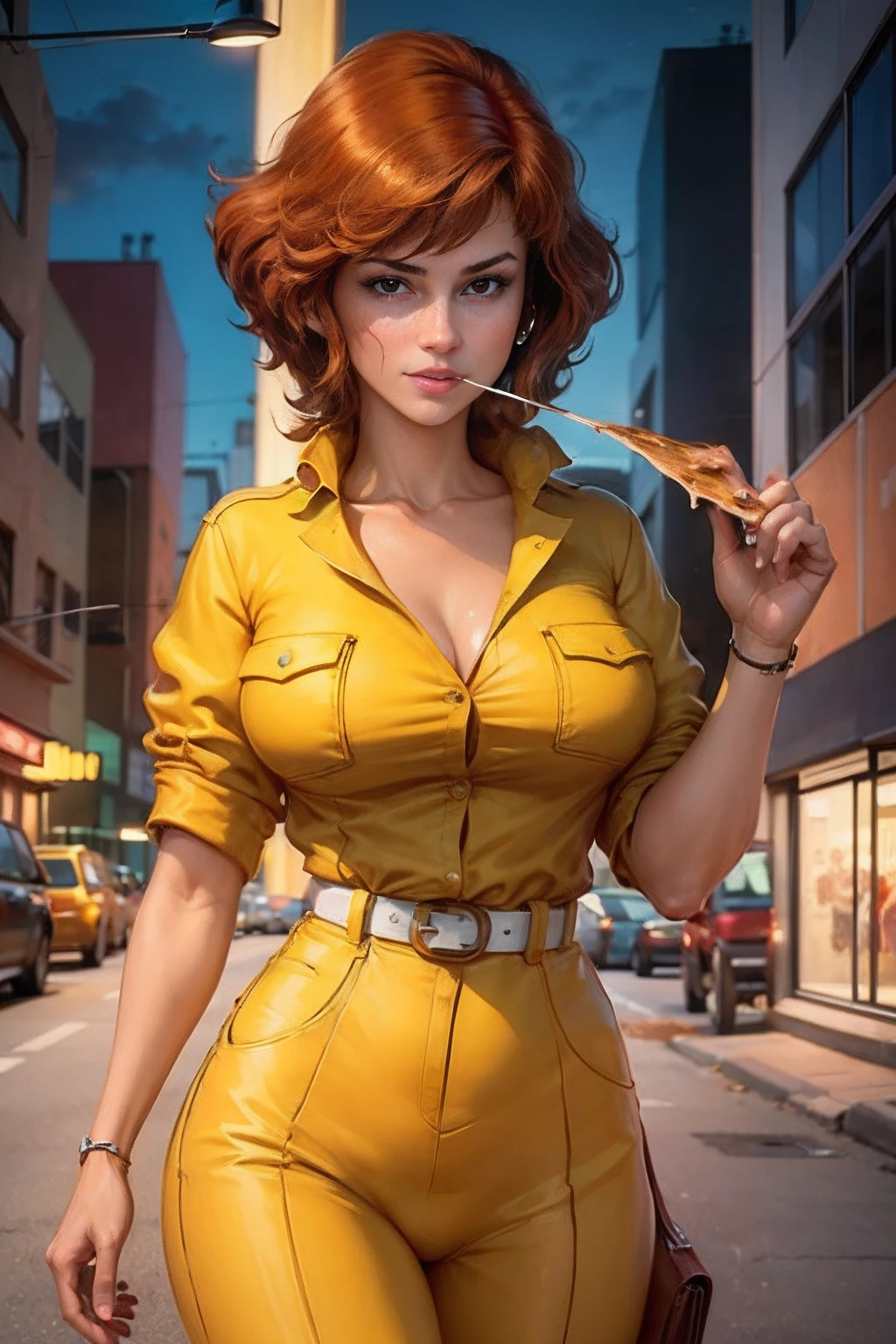 cowboy shot, Abril O&#39;Neil waifu, 1980s \(style\), 1 woman, brown hair, Red hair,short hair,orange hair,happy smile, Retro art style, short hair, only,holding microphone with hands, female television reporter,speaking into the microphone, yellow jersey suit, white belt,jersey suit on yellow hips, (naked_old: 1.2), half_old, neckline, hyperrealistic eyes, beautiful eyes,detailed eyes, realistic face, beautiful woman woman, realistic background,urban street, Night street lights, Amazing lights, amazing background,eating pizza slice, 🍕, chewing pizza, pizza in the mouth