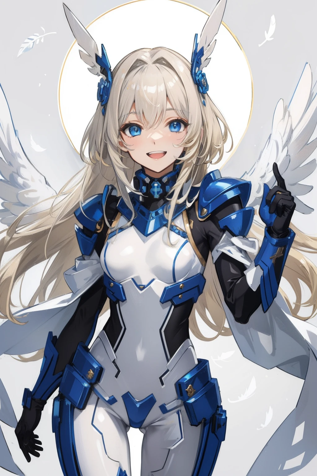 (​master piece, Best Quality),  Intricate details, valkyrie, kawaii, Happy, (((Laugh))), Villainous smile, Hand up, Looking at Viewer, Feather Headgear, Flower meadow, flat breast
1 girl in, Solo, Portrait, Plutinum Blonde Hair, drooping iceblue eyes, Silver Single Thigh, White Independent Single Sleeve, gloves, Single braid, 
 mecha musume, White bodysuit, Silver Reinforced Suit, Mini Feather Wings, silver pantyhose, full armor, flower decoration, equip sword,