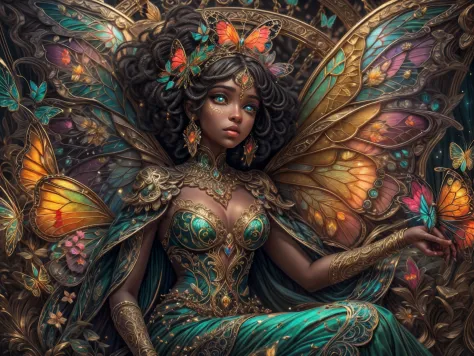 This is an elegant and ornate fantasy masterpiece with a lot of shimmer, glitter, and intricate ornate detail. Generate a petite Jamaican woman resting on a gilded and flowered garden swing at night. Her eyes are ultra-detailed with intricate realistic sha...
