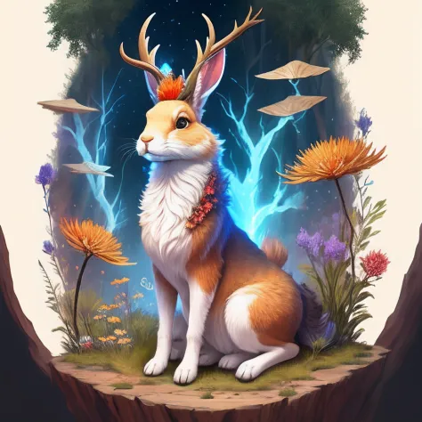 Jackalope in a magical forestThe Jackalope or Jackalope, No folclore, diz-se ser um cruzamento entre uma jackrabbit (lebre) and ...