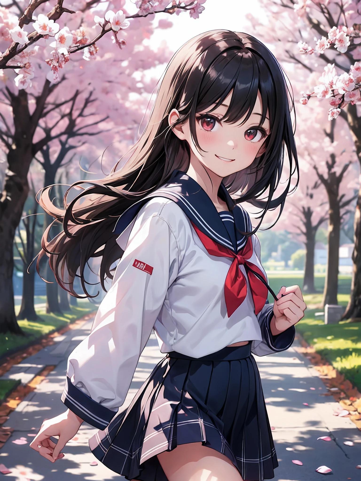 Anime girl in a school uniform walking down a path - SeaArt AI