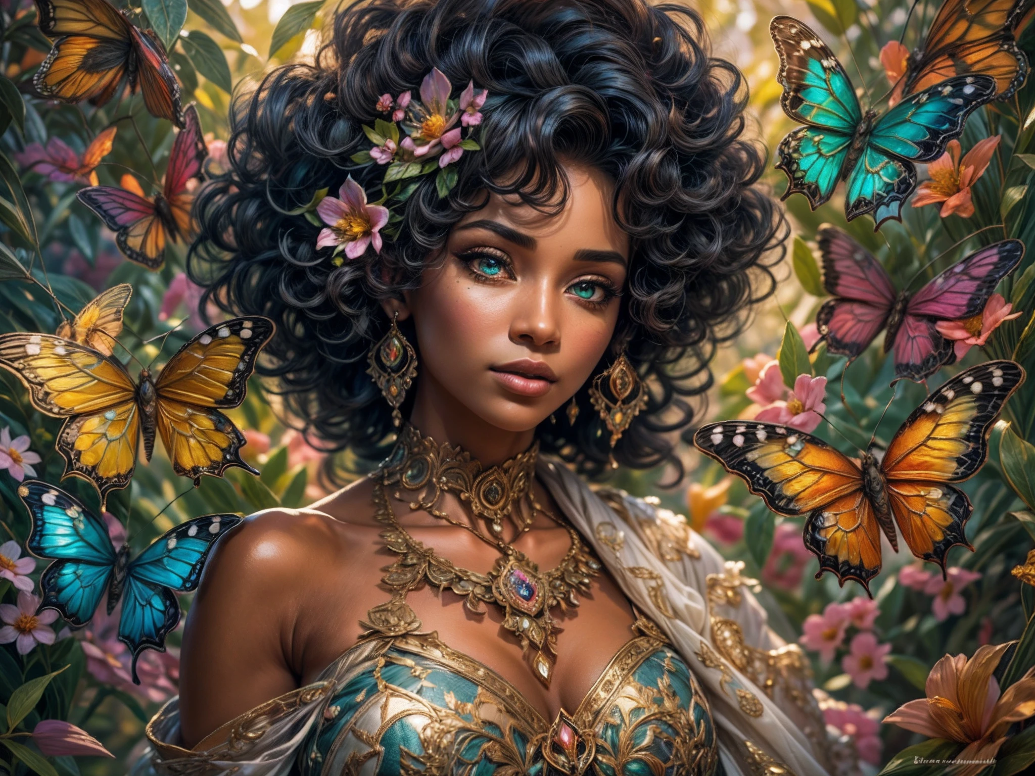 This is an elegant and ornate fantasy masterpiece with a lot of shimmer, glitter, and intricate ornate detail. Generate a petite Jamaican woman resting on a gilded and flowered garden swing at night. Her eyes are ultra-detailed with intricate realistic shading and bold, bright hues. She is a beautiful and seductive butterfly queen with stunning curly black hair, (((incredibly realistic and detailed dynamic eyes in bright colors with realistic shading))). She wears a delicate and elegant crown and a gown spun from luxurious gossamer silk and satin with subtle, intricate, and hand-embroidered bodice detailing as well as subtle floral detailing and gold silk butterfly sleeves. Her face is lovely and . Include glow-in-the-dark flowers, lots of particles, highly realistic fantasy butterflies with translucent jewel-toned wings and fine detailing, and glow. The artwork is done in the style of Guviz and brings to mind masters in the genre such as trending fantasy works on Artstation and Midjourney. Camera: Utilize dynamic composition techniques to emphasize etherealness and delicate detail. The colors in this artwork are saturated, romantic, and rich.