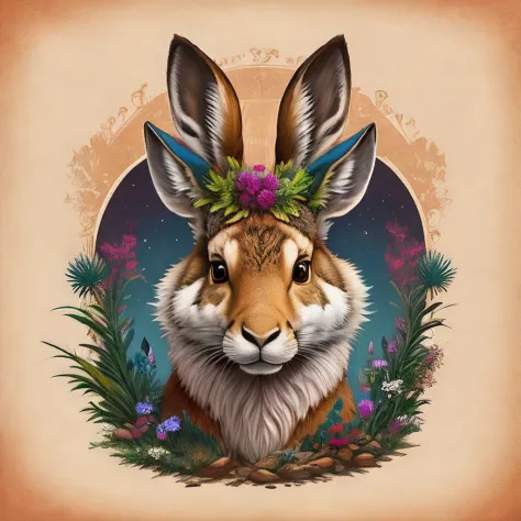 Jackalope in a magical forestThe Jackalope or Jackalope, No folclore, diz-se ser um cruzamento entre uma jackrabbit (lebre) and ...